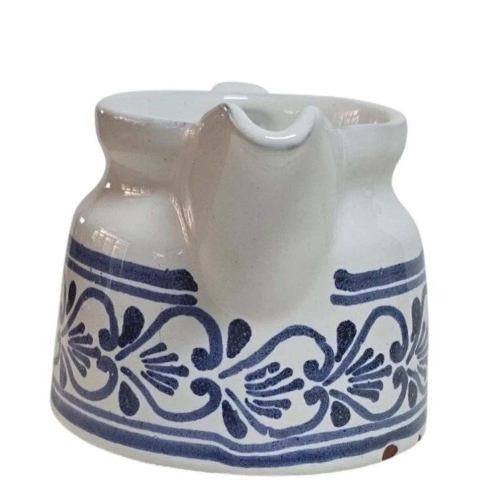 Vintage Varoslodi Majolik Hungary Blue White Ceramic Milk Creamer Pitcher 5in